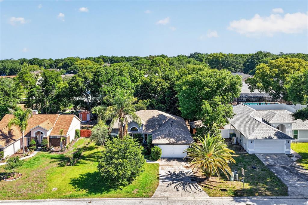 An aerial view shows three suburban houses surrounded by lush green trees and lawns — 131 MADRONA DRIVE, EUSTIS, FL