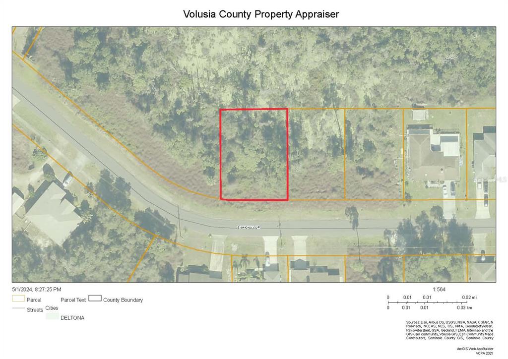 This is a property map showing a vacant, wooded lot outlined in red on a street — 1138 S BRICKELL DRIVE, DELTONA, FL