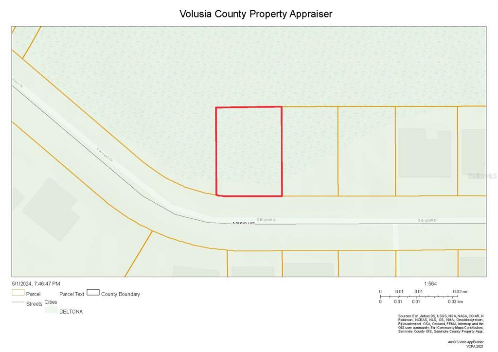 This is a property map showing a highlighted parcel of land along S Brickell Dr — 1138 S BRICKELL DRIVE, DELTONA, FL