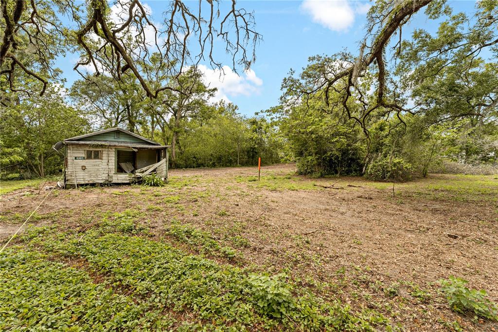 A weathered, dilapidated small house sits on a large, partially cleared, tree-shaded lot — 40611 OTIS ALLEN ROAD, ZEPHYRHILLS, FL