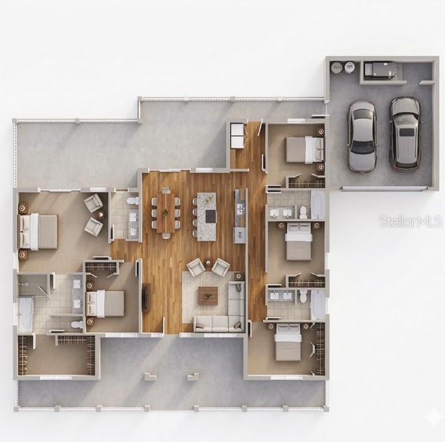 This 3D floor plan rendering shows a four-bedroom home with an open-concept living area — 3061 AZALEA DRIVE, INDIAN LAKE ESTATES, FL