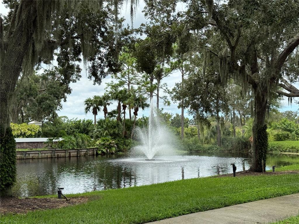 A water fountain sprays in the center of a pond surrounded by trees and grass — 5251 MAHOGANY RUN AVENUE UNIT 524, SARASOTA, FL