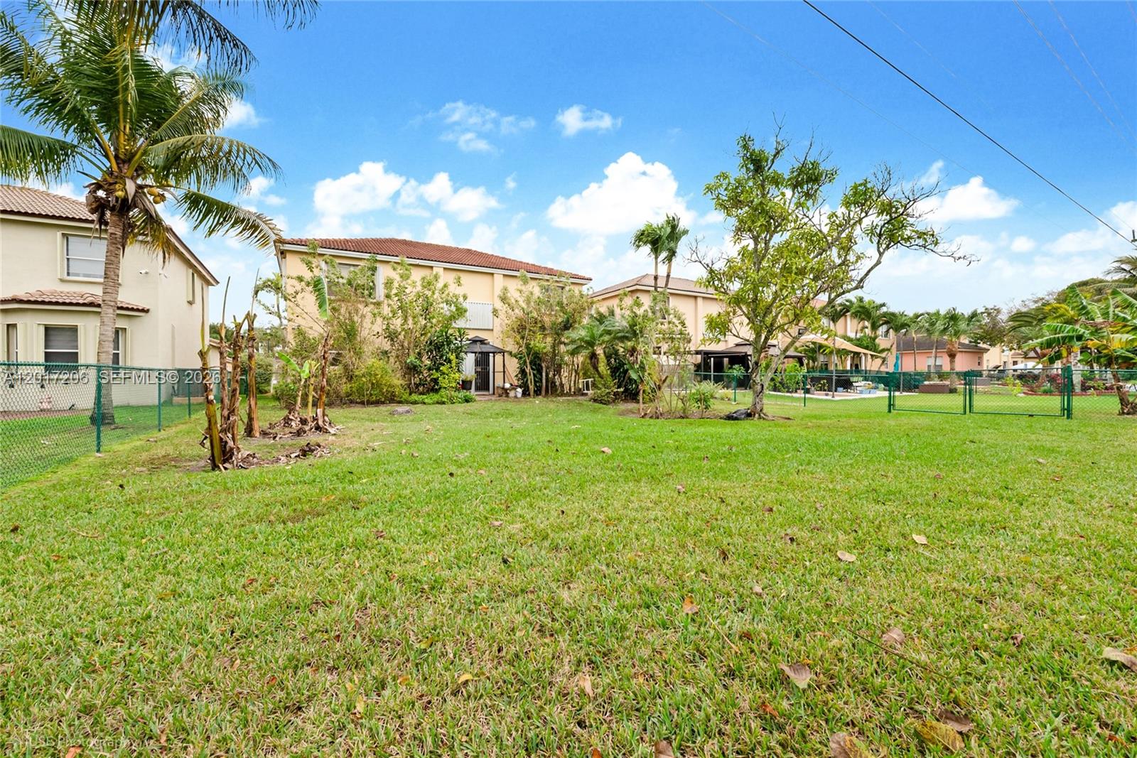 A grassy backyard features a palm tree, sparse landscaping, and a green chain-link fence — 1402 SE 16th Ave, Homestead FL 33035, HOMESTEAD, FL