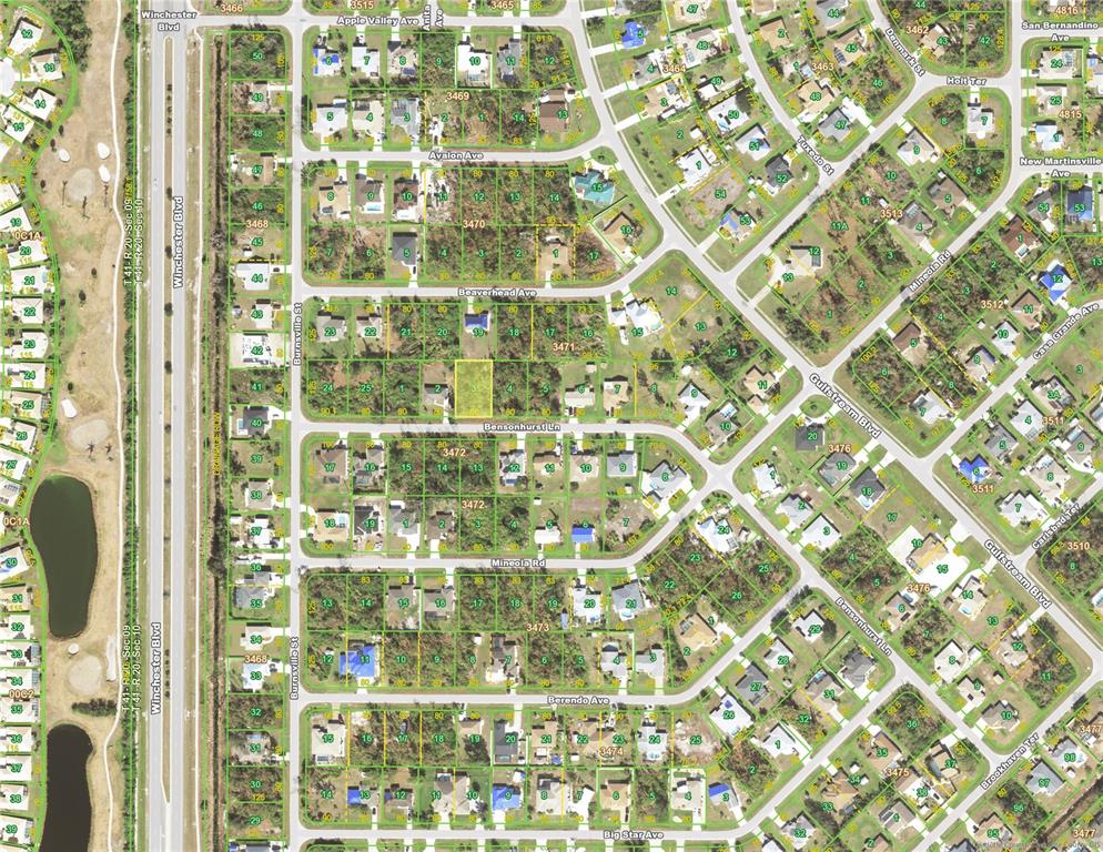 This is an aerial map showing residential lots and streets in a suburban neighborhood — 9072 BENSONHURST LANE, ENGLEWOOD, FL
