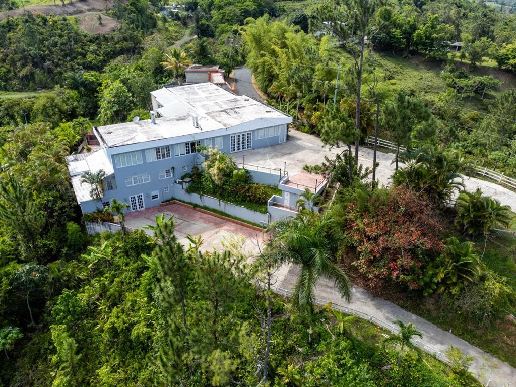 An aerial view shows a multi-level house with a flat roof surrounded by lush greenery — 734 BO ARENAS, CIDRA, PR