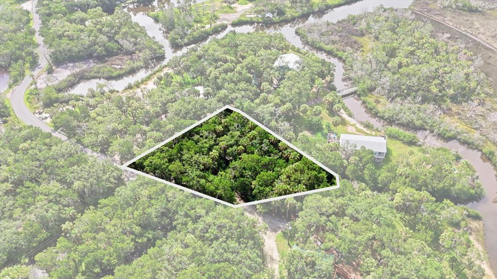 An aerial view shows a wooded lot highlighted by a white border near a creek — 1114 S URCHIN POINT, CRYSTAL RIVER, FL
