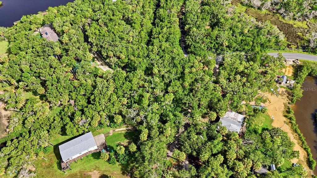 An aerial view shows two houses nestled within a dense, wooded landscape near a waterway — 1114 S URCHIN POINT, CRYSTAL RIVER, FL