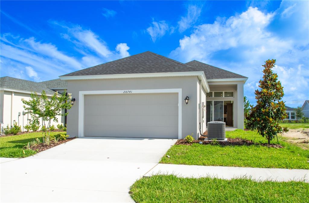 A single-story house with a gray exterior, a two-car garage, and a landscaped front yard — 28741 JUJUBE ROAD, WESLEY CHAPEL, FL