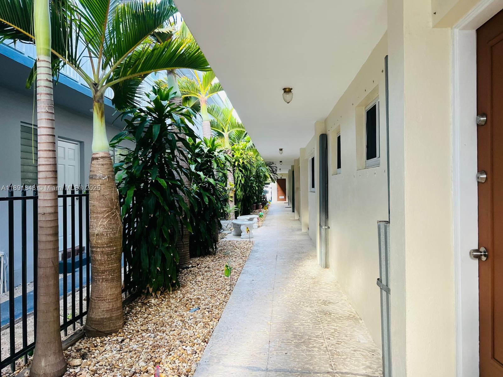 An outdoor walkway features a tiled floor, palm trees, and a gravel garden bed — 7435 Byron Ave, Miami Beach FL 33141, MIAMI BEACH, FL