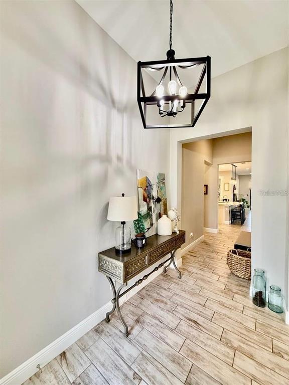 A foyer features a metal lantern pendant light, a console table, and wood-look tile flooring — 4035 MAURICE AVENUE, ODESSA, FL