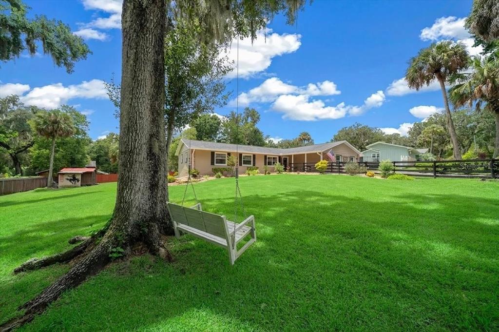 A white wooden swing hangs from a large tree in a spacious, grassy front yard — 530 SW 35TH STREET, OCALA, FL