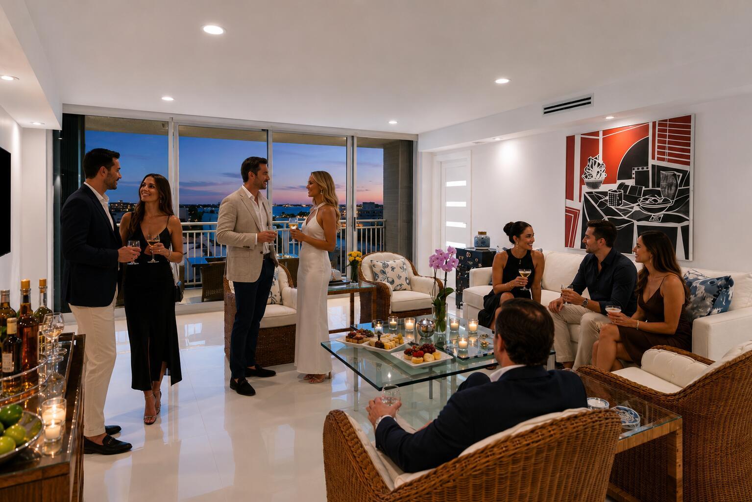 A modern living room with a glass coffee table, wicker chairs, and a balcony view — 2780 S Ocean Boulevard # 805, Palm Beach FL 33480, PALM BEACH, FL