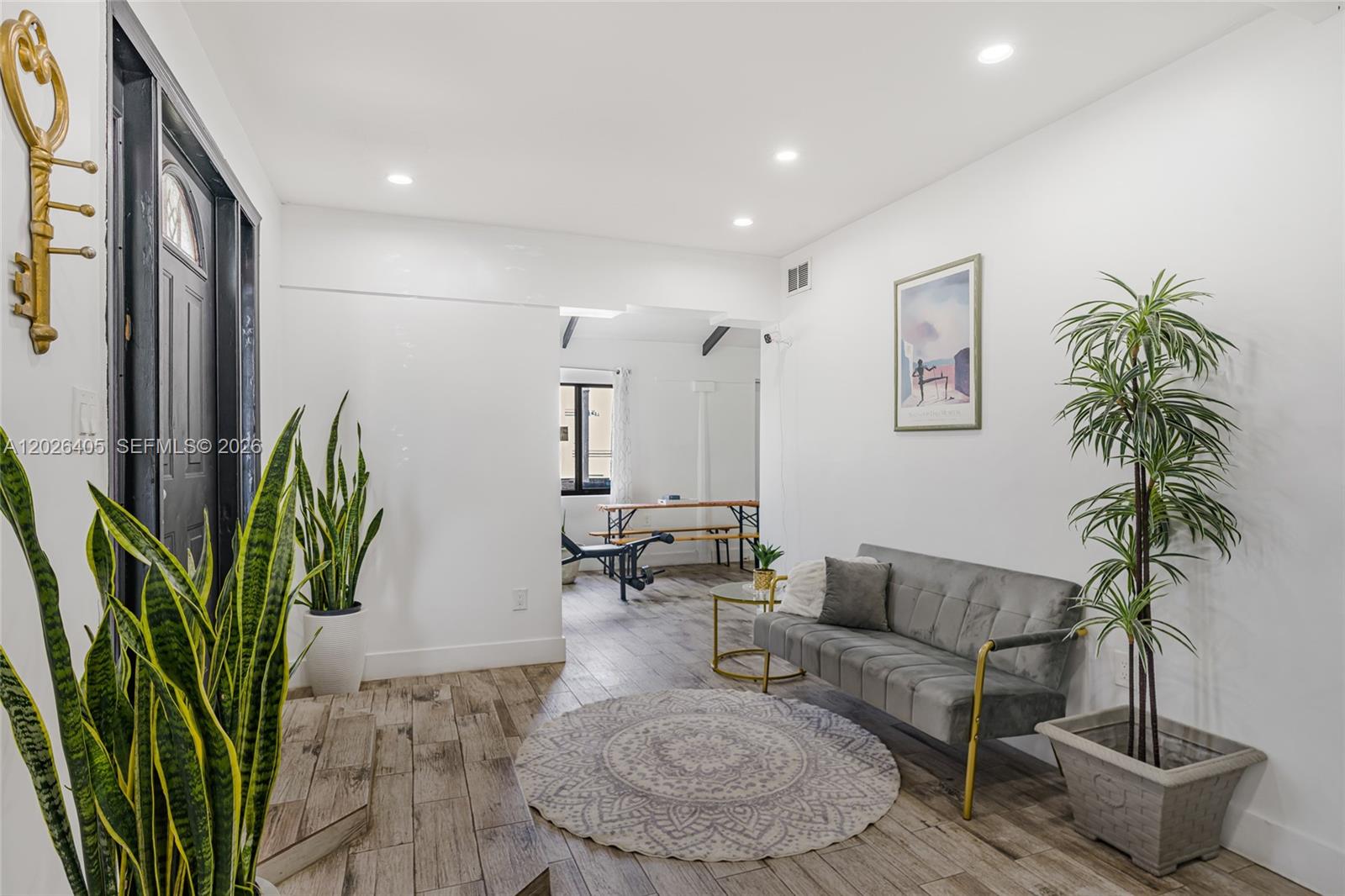 A bright entryway features a grey sofa, a round rug, and potted plants on wood-look flooring — 2275 NW 30th St, Miami FL 33142, MIAMI, FL