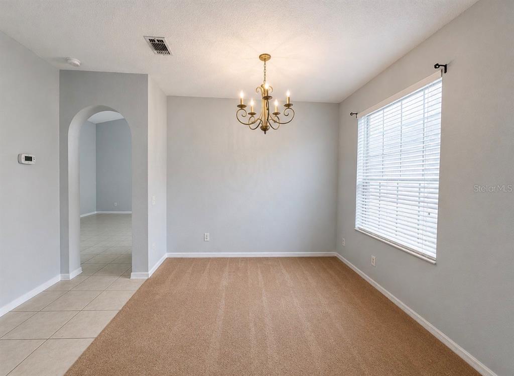 An empty dining room features beige carpeting, light gray walls, and a traditional chandelier — 9630 BATON ROUGE LANE, LAND O LAKES, FL