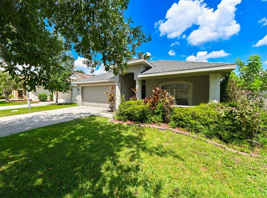 A single-story suburban house with a tan stucco exterior, a two-car garage, and landscaping — 4517 WILD PLUM LANE, LUTZ, FL
