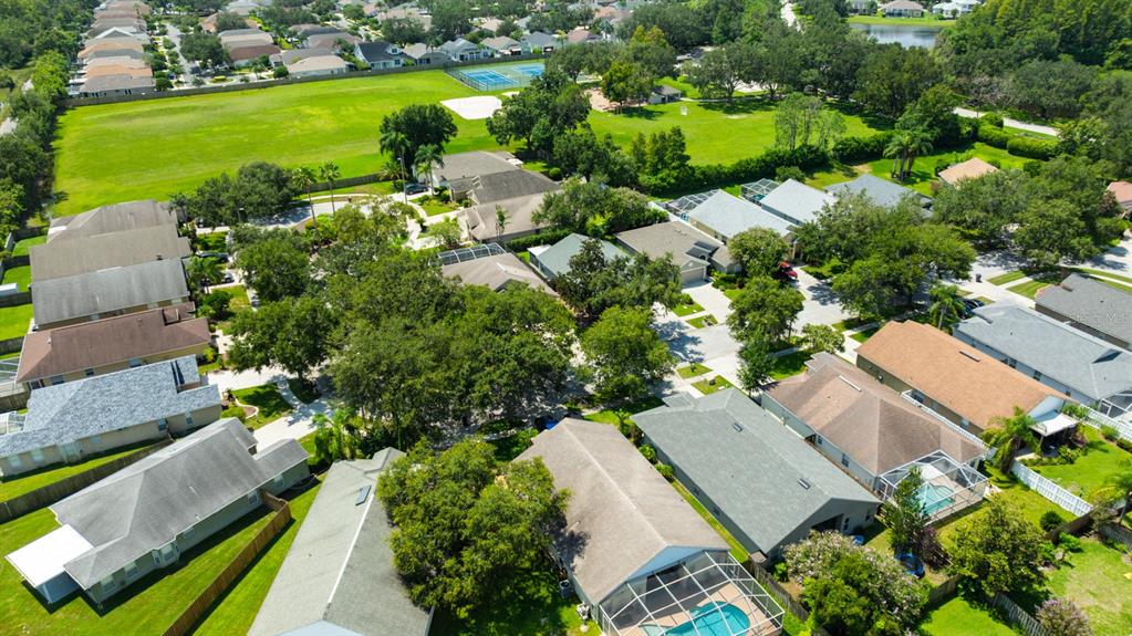 An aerial view of a suburban neighborhood with houses, green lawns, and a tennis court — 4517 WILD PLUM LANE, LUTZ, FL
