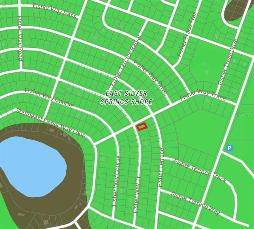 This is a map showing a residential neighborhood with a highlighted property lot — LOT 36 BLK1140 FISHER WAY TRAIL, OCKLAWAHA, FL