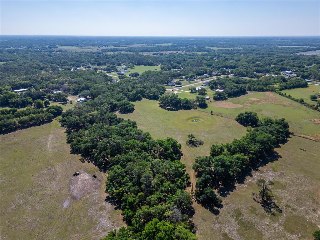 An aerial view shows a large, grassy field surrounded by clusters of trees and rural landscape — CARLTON ROAD, PLANT CITY, FL