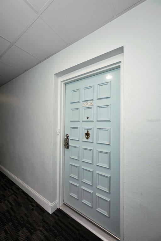 A light blue paneled apartment door with a brass knocker is set in a hallway — 2700 BAYSHORE BOULEVARD UNIT 2205, DUNEDIN, FL