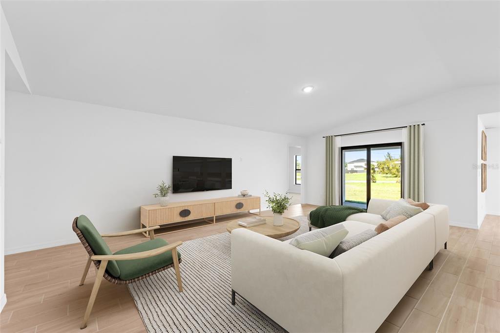 This is a digital rendering of a modern living room with light wood floors and furniture — 23145 MCBURNEY AVENUE, PORT CHARLOTTE, FL