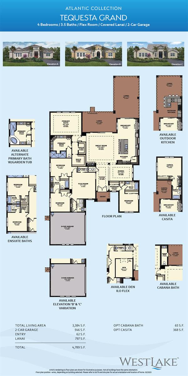 This floor plan rendering shows a four-bedroom home with a garage, lanai, and optional configurations — 4506 Estates Circle, Westlake FL 33470, WESTLAKE, FL