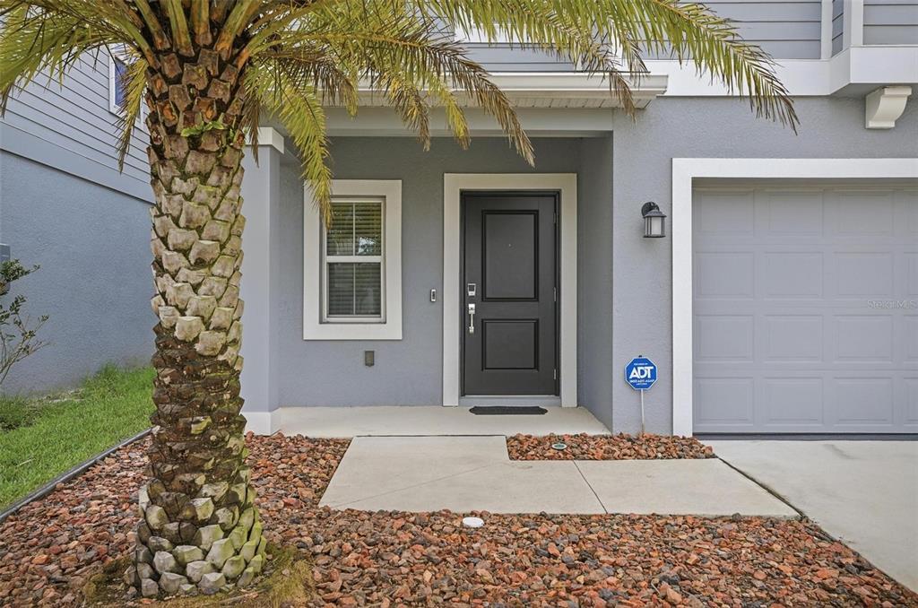 A gray house exterior features a dark front door, a window, and a palm tree — 1251 SAND TRAP COURT, DAYTONA BEACH, FL