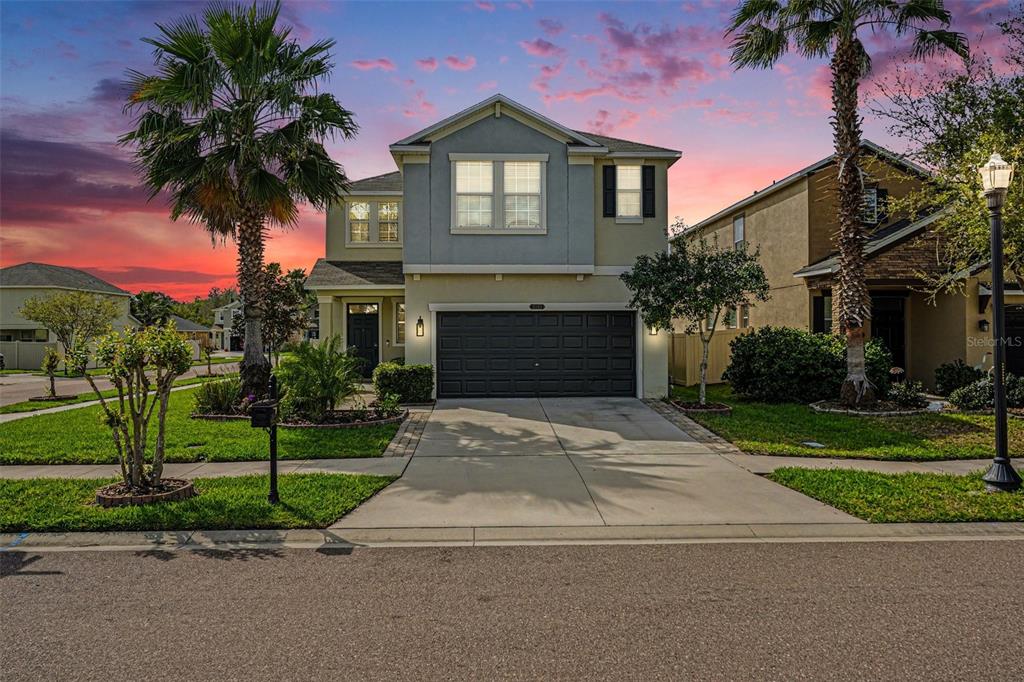 A two-story suburban house with a two-car garage and palm trees at sunset — 8165 FAIRE FROST LANE, LAND O LAKES, FL