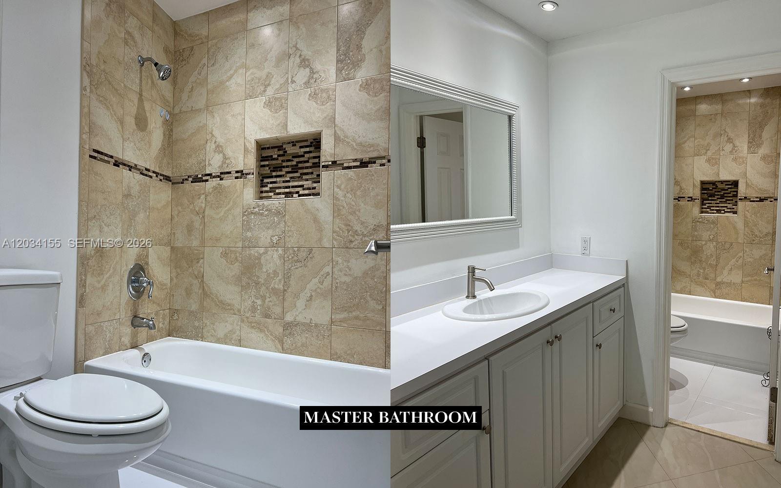 This master bathroom features a white vanity, a mirror, and a tiled shower-tub combination — 6361 NW 170th Ln, Hialeah FL 33015, HIALEAH, FL