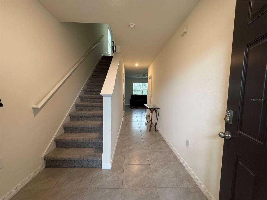 The entryway features a tiled floor, a carpeted staircase, and a view toward the back — 3521 MAPLE GROVE WAY, PLANT CITY, FL