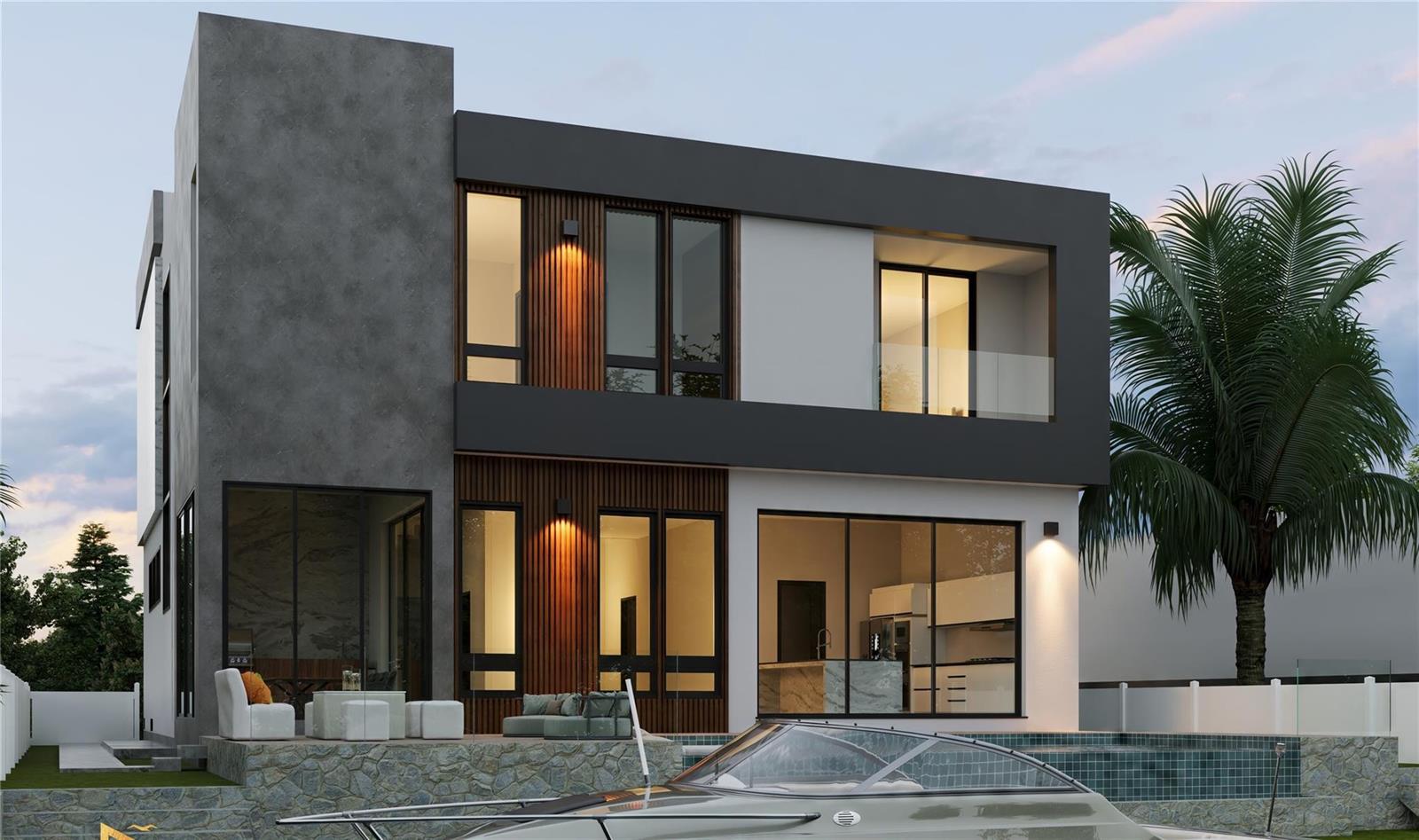 This architectural rendering shows a modern two-story house with a pool and a boat — 2336 SE 13th Court, Pompano Beach FL 33062, POMPANO BEACH, FL
