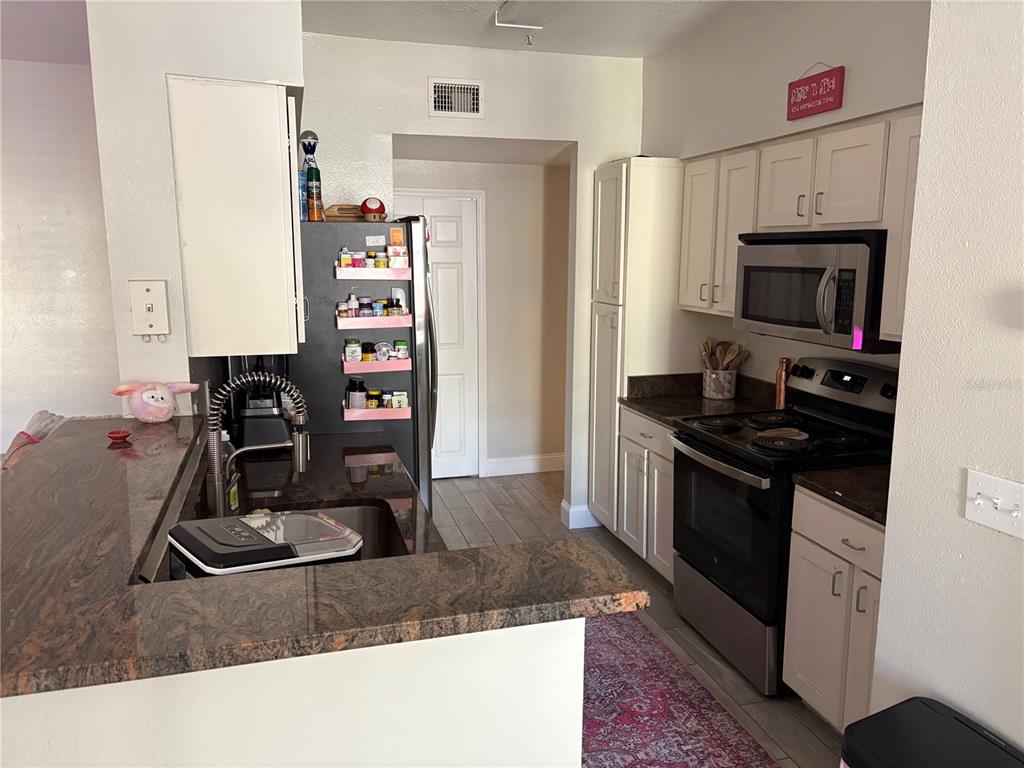 A kitchen features dark granite countertops, white cabinetry, stainless steel appliances, and a pink rug — 1810 E PALM AVENUE UNIT 4201, TAMPA, FL