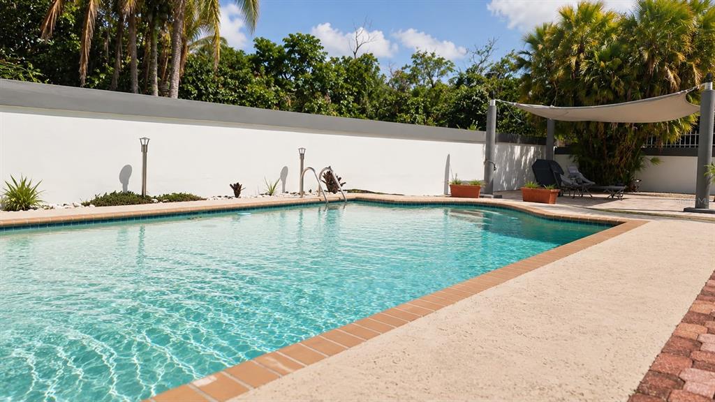 A swimming pool with a tan deck and a white privacy wall in a backyard — PR-651 KM 3.2. SR 651, ARECIBO, PR