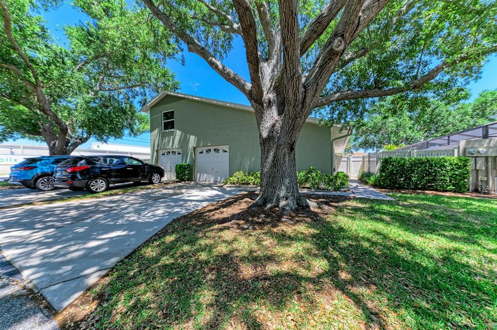 A two-story green house with a two-car garage sits behind a large tree — 4154 CENTER POINTE CIRCLE UNIT 57A, SARASOTA, FL