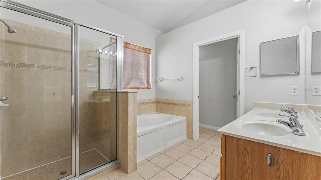 A bathroom features a glass-enclosed shower, a soaking tub, and a double-sink wooden vanity — 248 TOWERVIEW DRIVE W, HAINES CITY, FL