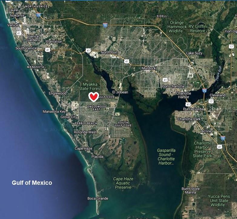 This is a map showing the Gulf Cove area of Florida with a heart icon — 11024 GRAFTON AVENUE, ENGLEWOOD, FL