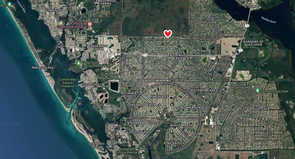 This is a satellite map view of the Englewood and Rotonda West areas in Florida — 11024 GRAFTON AVENUE, ENGLEWOOD, FL
