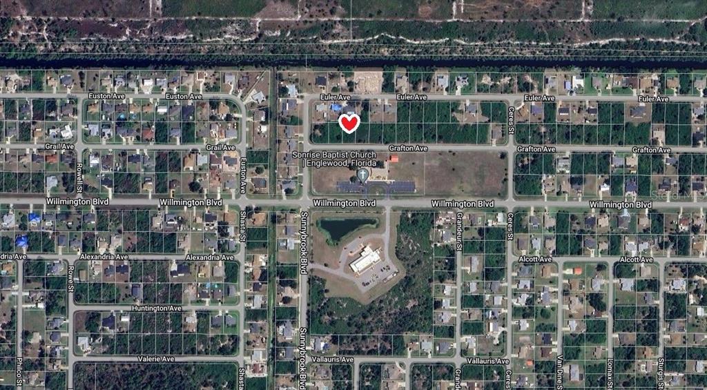 This is an aerial map showing residential streets and a church in Englewood, Florida — 11024 GRAFTON AVENUE, ENGLEWOOD, FL