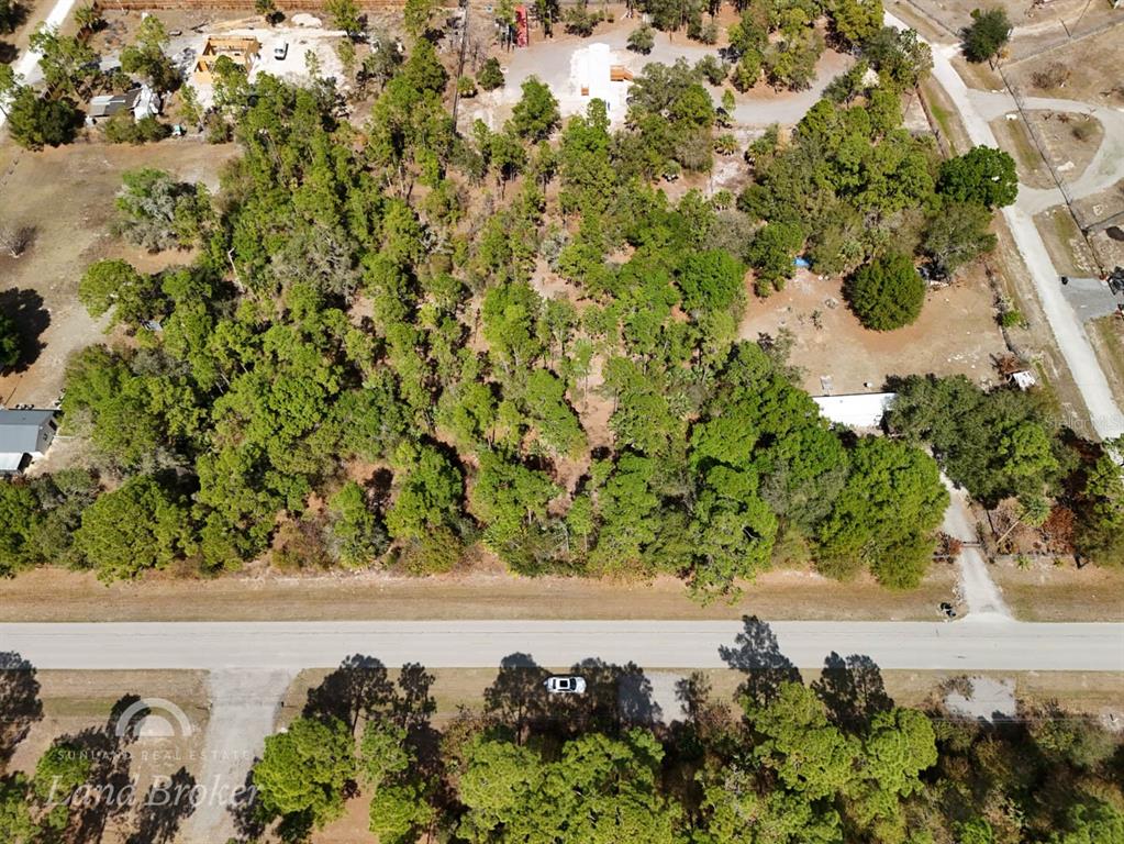 An aerial view shows a wooded lot bordering a paved road with nearby residential structures — 439 AVENIDA DEL SUR, CLEWISTON, FL