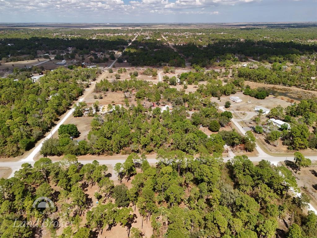 An aerial view shows a wooded residential area with scattered houses and dirt roads — 439 AVENIDA DEL SUR, CLEWISTON, FL