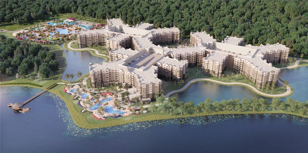 This is an aerial rendering of a large resort complex featuring multiple pools and lakes — 14501 GROVE RESORT AVENUE UNIT 2536, WINTER GARDEN, FL