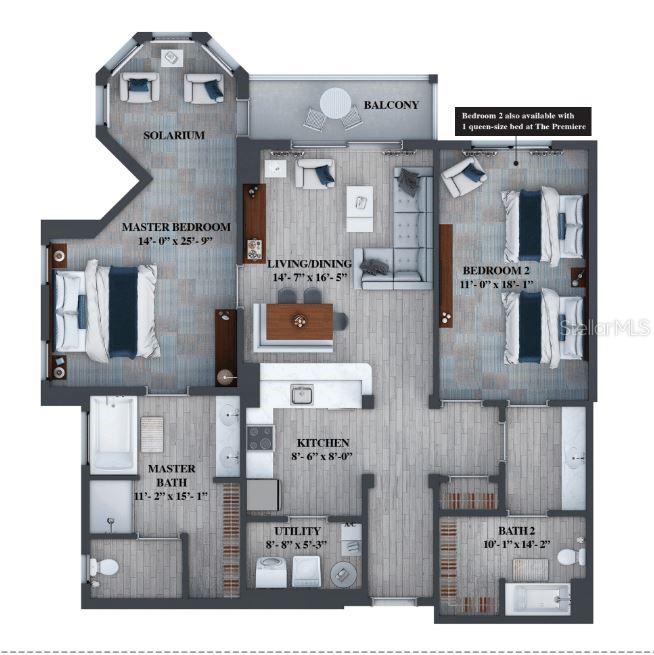 This floor plan shows a two-bedroom apartment with a solarium, balcony, kitchen, and two bathrooms — 14501 GROVE RESORT AVENUE UNIT 2536, WINTER GARDEN, FL