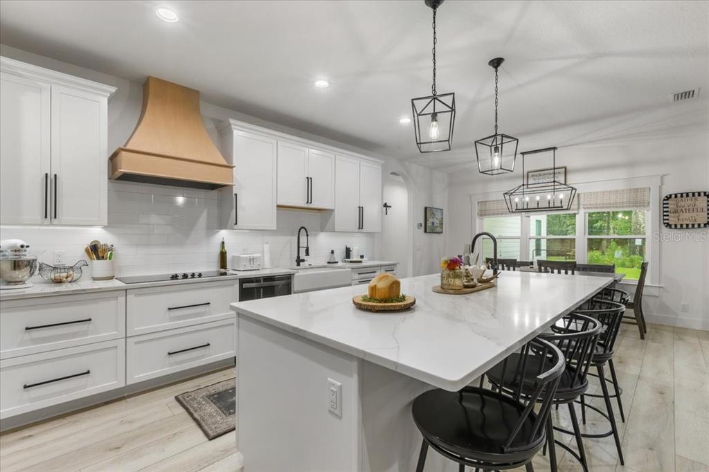 A modern kitchen features white cabinetry, a wood range hood, and a large marble island — 9061 KATHERINE WAY, FANNING SPRINGS, FL
