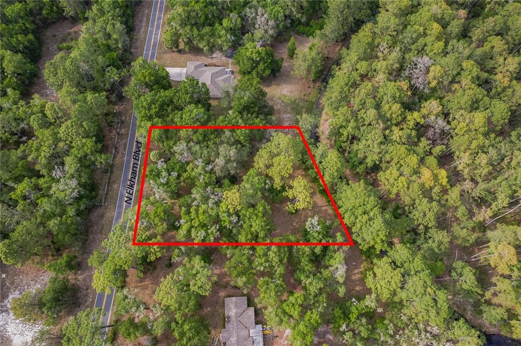 An aerial view shows a rectangular plot of land outlined in red near a road — 12205 N ELKCAM BOULEVARD, DUNNELLON, FL