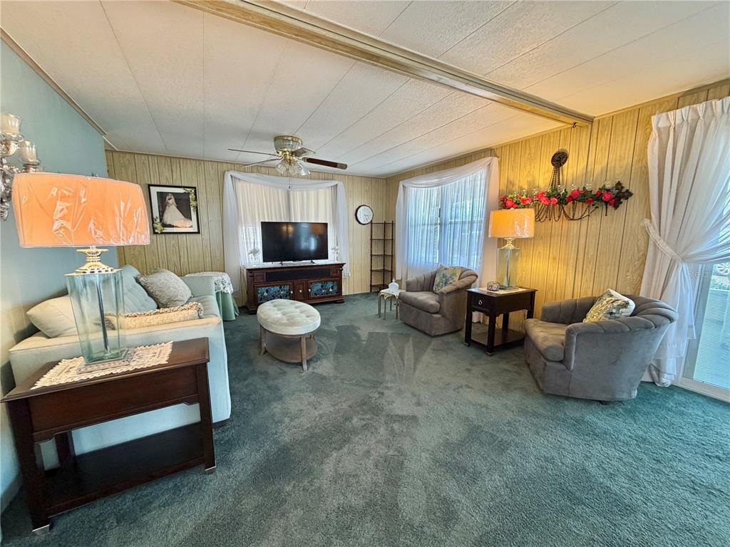 A living room features wood-paneled walls, green carpeting, a ceiling fan, and various seating furniture — 100 MARIGOLD STREET, LEESBURG, FL