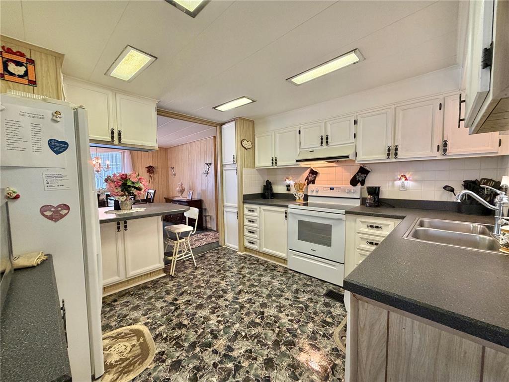 A kitchen features white cabinets, dark countertops, a white stove, and patterned flooring — 100 MARIGOLD STREET, LEESBURG, FL