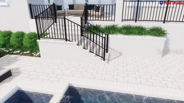 This is a 3D rendering of a backyard patio with a pool and stairs — 4629 W LONGFELLOW AVENUE, TAMPA, FL