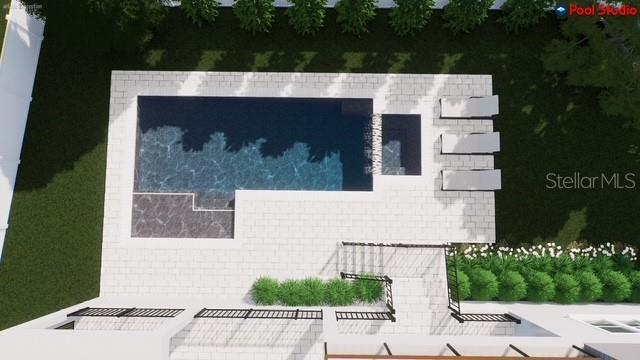This is a 3D rendering of a rectangular backyard swimming pool with an attached spa — 4629 W LONGFELLOW AVENUE, TAMPA, FL