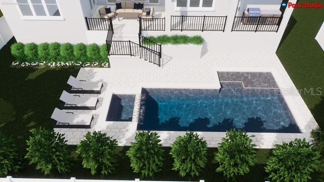 This is a 3D rendering of a backyard featuring a swimming pool and patio area — 4629 W LONGFELLOW AVENUE, TAMPA, FL