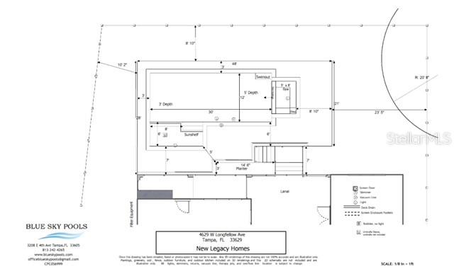 This is a pool design floor plan showing dimensions for a swimming pool and lanai — 4629 W LONGFELLOW AVENUE, TAMPA, FL