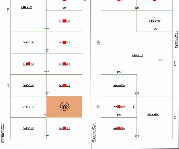 This is a property tax map showing parcel boundaries and lot dimensions for a residential area — 001 Creager, FL 32148, FL